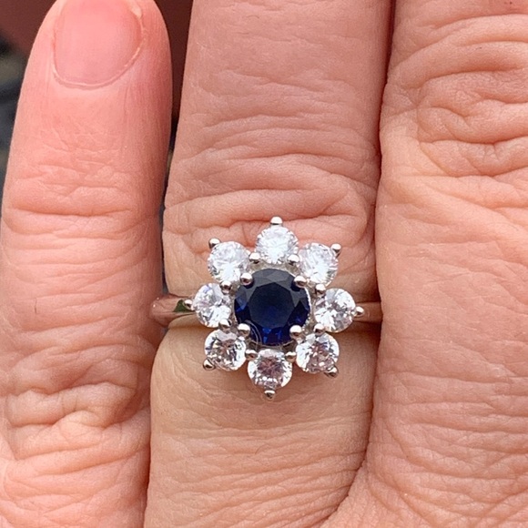 Jewelry - Brilliant Lab Created Sapphire & White Topaz Halo Dinner Ring Sterling Size 8